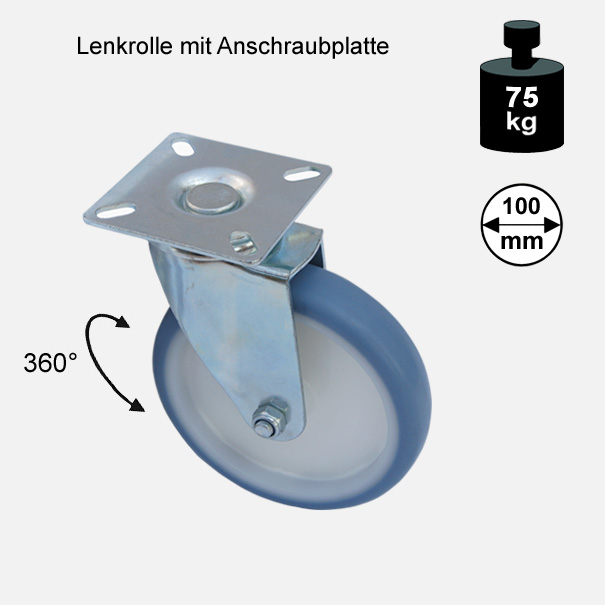 Mbelrolle, Rad, Transportrolle, Softrolle  Soft Lenkrolle  100 mm[13 04 100 LE 1700 01]