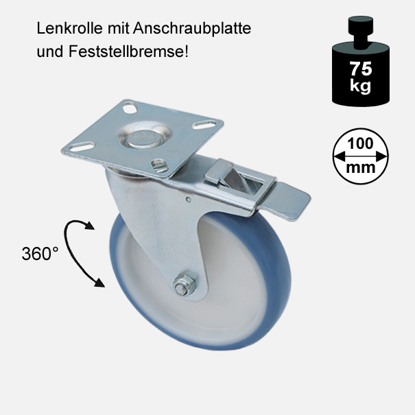 Mbelrolle, Rad, Transportrolle, Softrolle  Soft Lenkrolle mit Feststellbremse  100 mm[13 14 100 LEFB 3700 01]