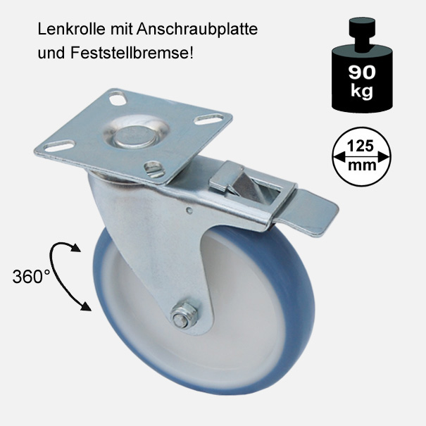 Mbelrolle, Rad, Transportrolle, Softrolle  Soft Lenkrolle mit Feststellbremse  125 mm[13 15 125 LEFB 3725 01]