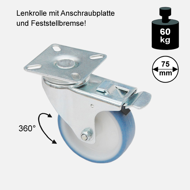 Mbelrolle, Rad, Transportrolle, Softrolle  Soft Lenkrolle mit Feststellbremse  75 mm[13 13 75 LEFB 3775 01]